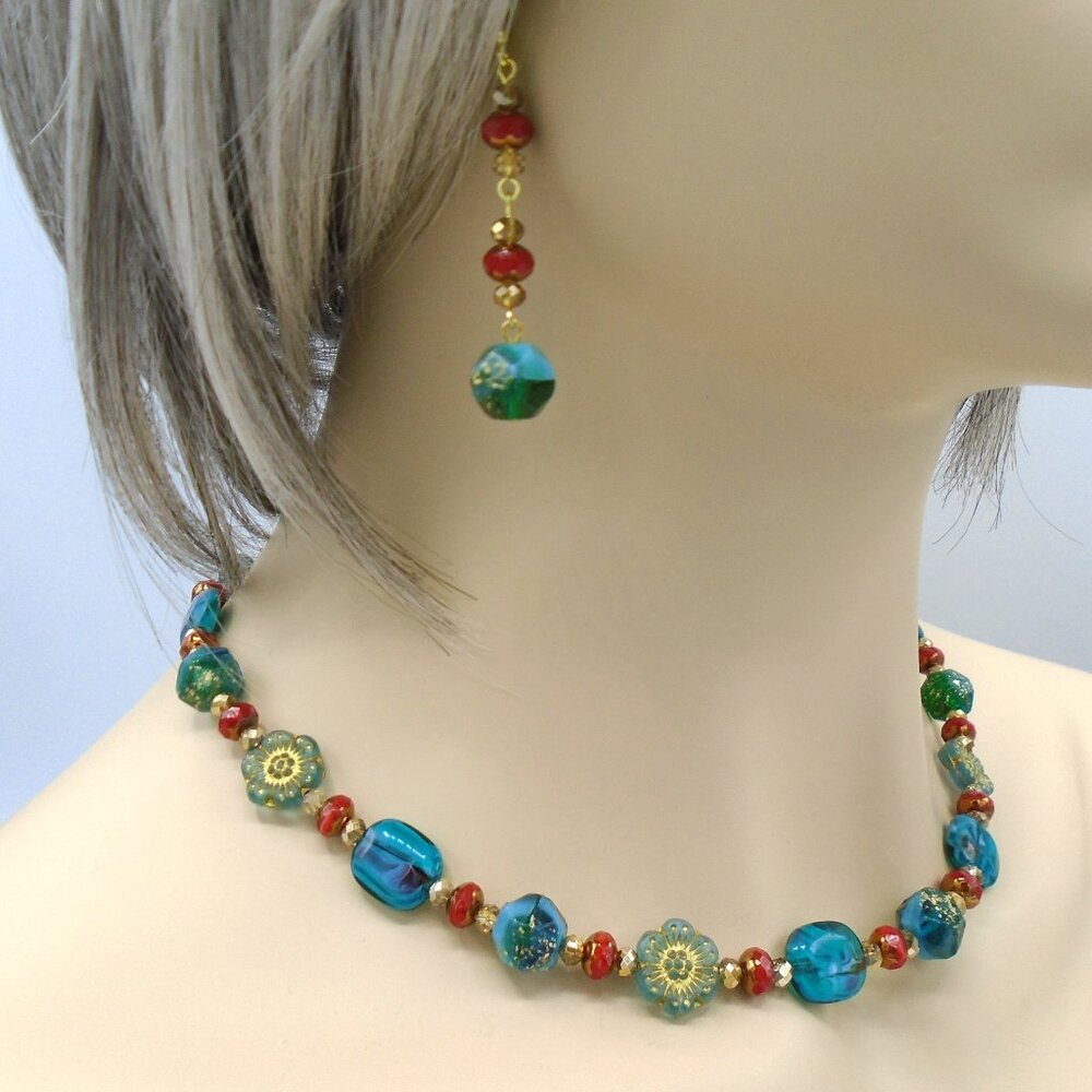 NEW 💥 TEAL and RED CZECH Glass Beaded Necklace and Earring Set